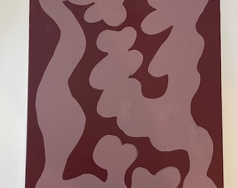 Puede incluir: Pintura abstracta sobre lienzo. La obra presenta formas orgánicas en color malva claro sobre un fondo burdeos intenso. Las formas son fluidas e irregulares, creando una sensación de movimiento y profundidad.