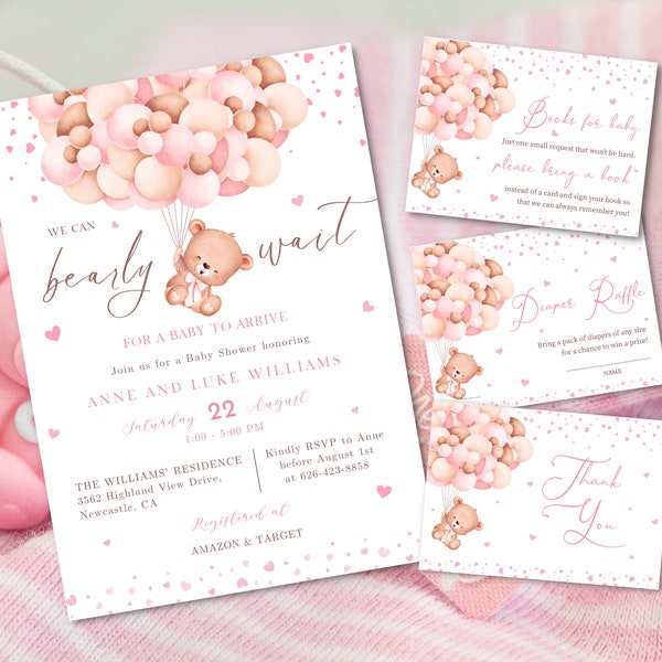 We Can Bear Wait Baby Shower Invitation Pink Girl Teddy Bear Baby Shower Invitation Thème Editable Baby Shower Invitation