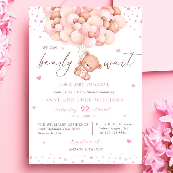 Editable We Can Bearly Wait Teddy Bear Baby Shower Invitation Girl Pink Balloon Theme Printable Template Instant Download BASH14