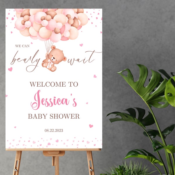 Welcome Sign We Can Bearly Wait Baby Shower Welcome Sign Teddy Bear Girl Baby Shower Welcome Sign Girl Baby Shower Editable Baby Shower Sign