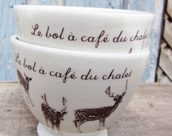 Café au lait bowl made of handmade ceramic with deer pattern,price for two