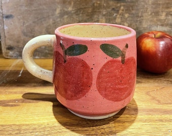 Coffee mug with apples. Hand painted and handthrown.