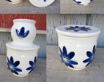 French butter dish, hand painted with a blue flower pattern