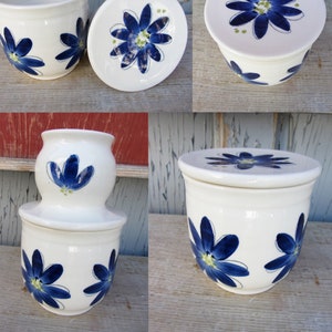 French butter crock with hand painted blue flowers