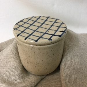 Handcrafted French Butter Dish with Stoneware Base and Blue Checkered Top - Rustic Kitchen Accessory