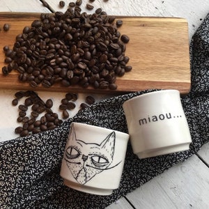 Espresso cup with a grumpy cat and «Miaou» on the other side, price for two