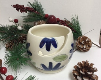 Small crochet or yarn bowl for crochet  ideal for punch needle or knitting with a blue flower pattern,