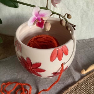 Small crochet  ideal for punch needle or yarn bowl with red flowers for crochet or knitting