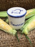 French butter dish handmade in porcelain with blue bird and inscription le beurrier Breton