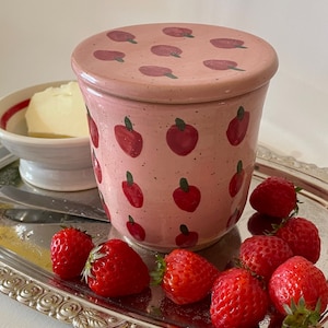 the French butter dish with handprinted strawberries