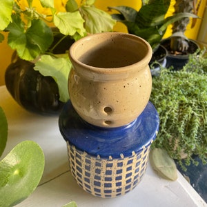 Butter dish that works with water with blue checkered pattern