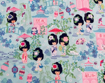 Geisha Girl fabric, Japanese oriental fabric, by Michael Miller, in aqua