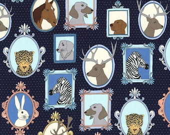 Animal portrait fabric, Little animal portraits by Michael Miller, available in navy and grey