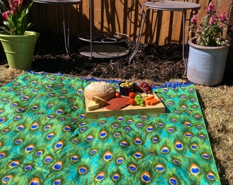 Cotton picnic mat set, with colourful fringe, matching napkins and a carry bag
