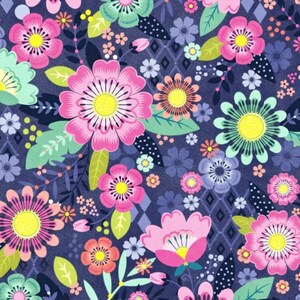 May include: A seamless pattern featuring a variety of colourful flowers on a dark blue background. The flowers are pink, yellow, green, and blue. The pattern is perfect for fabric, wallpaper, or other decorative projects.