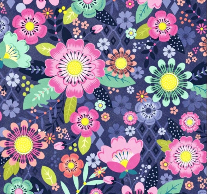 May include: A seamless pattern featuring a variety of colourful flowers on a dark blue background. The flowers are pink, yellow, green, and blue. The pattern is perfect for fabric, wallpaper, or other decorative projects.