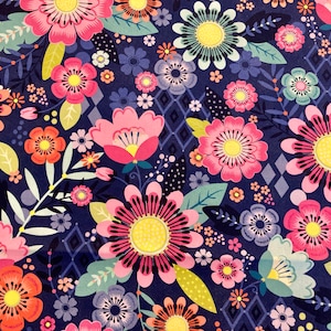 May include: A navy blue background with a repeating pattern of pink, yellow, and orange flowers. The flowers are stylised and have a whimsical feel.