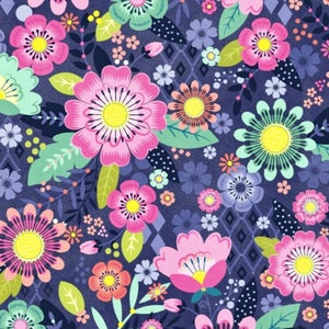 May include: A seamless pattern featuring a variety of colourful flowers on a dark blue background. The flowers are pink, yellow, green, and blue. The pattern is perfect for fabric, wallpaper, or other decorative purposes.