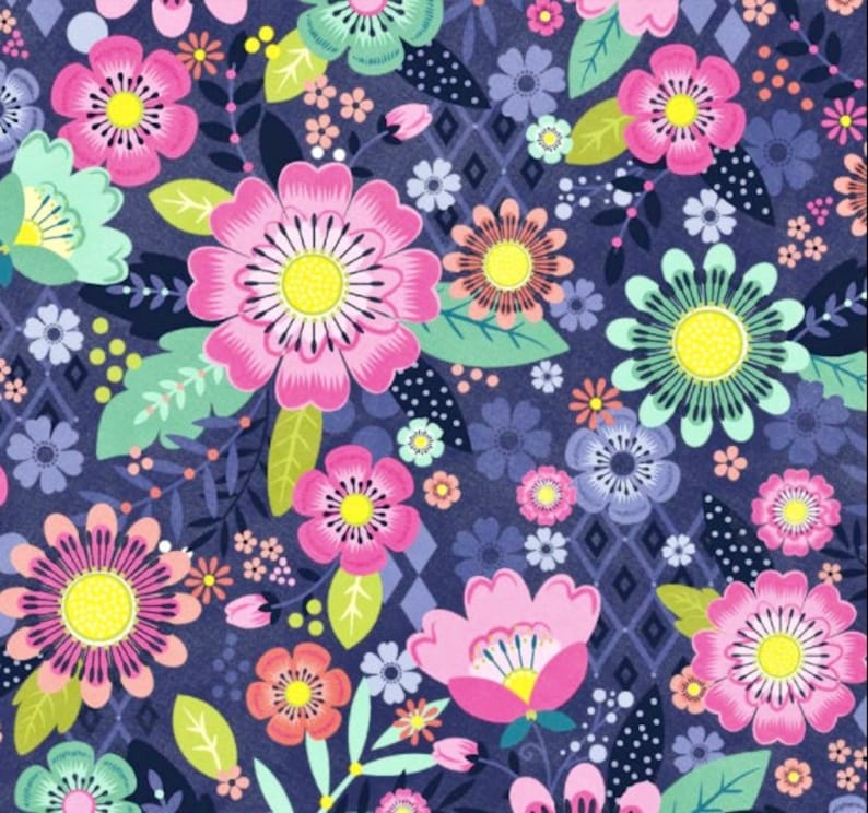 May include: A seamless pattern featuring a variety of colourful flowers on a dark blue background. The flowers are pink, yellow, green, and blue. The pattern is perfect for fabric, wallpaper, or other decorative purposes.
