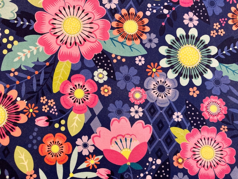May include: A seamless pattern featuring a variety of colourful flowers on a dark blue background. The flowers are in shades of pink, red, orange, yellow, and blue. The pattern is perfect for fabric, wallpaper, or wrapping paper.