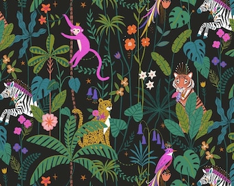 Colourful jungle fabric, Jungle Luxe fabric, designed by Bethan Janine for Dashwood Studios