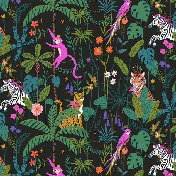 Tissu jungle coloré, tissu Jungle Luxe, conçu par Bethan Janine pour Dashwood Studios, certifié OEKO-TEX