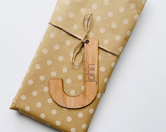 Personalized Engraved Wooden Gift Tag: Stocking Tag, Custom Name, Initial, Festive
