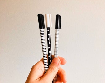 Black and White Gel Pens Set - Set of 3 - Polka Dots, Stripes, Grid - Minimal Design, Journal Writing, Planner, Artist Gift, Creative
