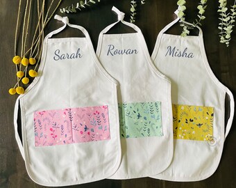 Floral Name Apron - Toddler - Kids - Tween - Adult - Personalized with Pockets - Artist - Chef - Easter, Mothers Day, Ramadan, Eid