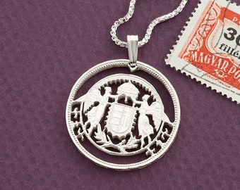 Hungarain Pendant and Necklace Hungarian 5 Pengo St Stevens Coin hand Cut # 807 14 Karat Gold and Rhodium Plated 1 38 in Diameter