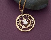 Guatemala Coin Pendant and Necklace, Guatemala 25 Centavos Coin Hand Cut, 14 Karat Gold and Rhodium Plated, 1 1 8 quot in Diameter, ( 864 )