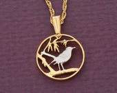 Cayman Island Thrush Bird Pendant, Cayman Island One Cent Hand Cut, 14 K Gold and Rhodium PLated, 5 8 quot in Diameter, ( 57 )