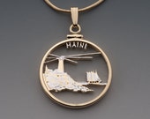 Maine State Quarter Pendant, Hand Cut United States Maine State Quarter, 14 Karat Gold and Rhodium Plated, 1 quot in Diameter, ( 2023 )