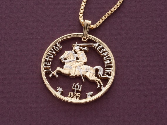 Lithuanian Pendant and Necklace, Lithuania Litas Coin Hand Cut