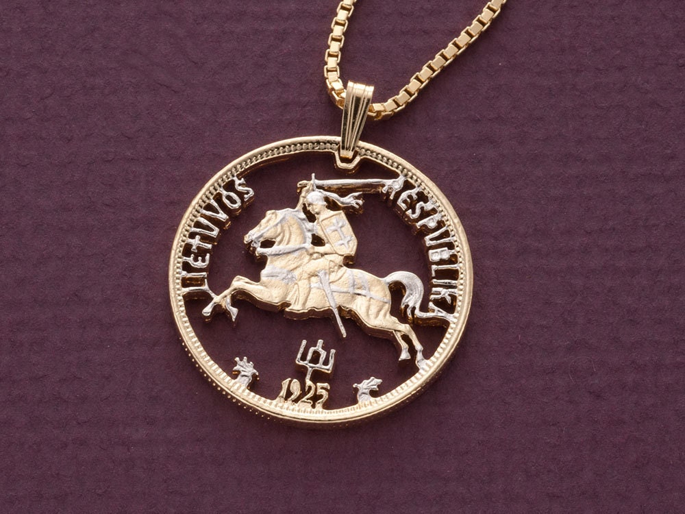 Lithuanian Pendant and Necklace, Lithuania Litas Coin Hand Cut