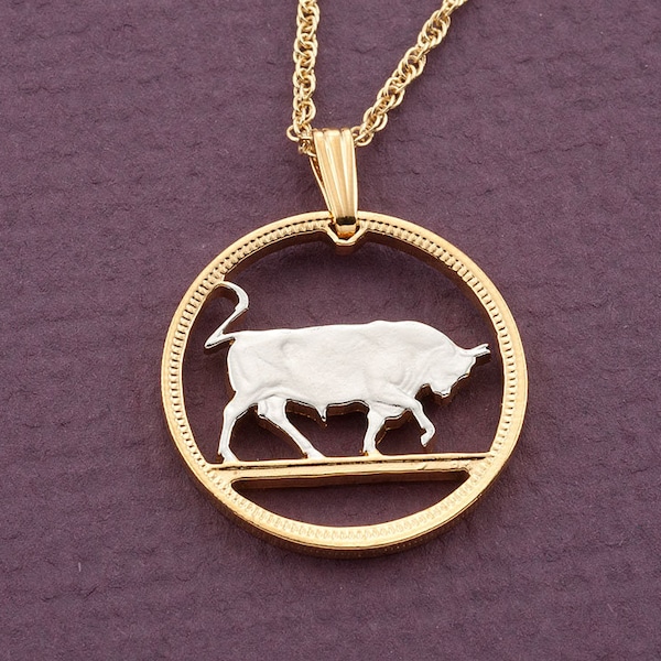 Bull Pendant, Bull Necklace, Ireland Coin Jewelry, Irish Jewelry, Taurus Jewelry, 1" in diameter, ( # R 169D )