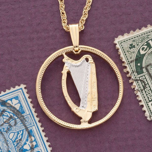 Irish Harp Pendant, Ireland One Shilling Harp hand cut coin, 1" in Diameter, ( # R171 )