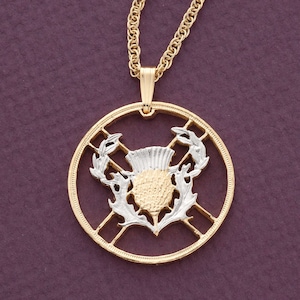 Scottish Thistle Pendant and Necklace,2 Pound (Scottish Issue) Coin Hand Cut, 14 Karat Gold and Rhodium plated, 1&quot; in Diameter, ( # R 138 )