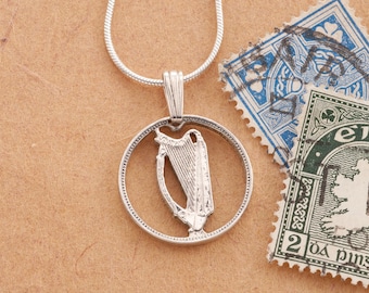 Hand Cut Silver Irish Harp Coin Pendant: Sterling Silver Chain