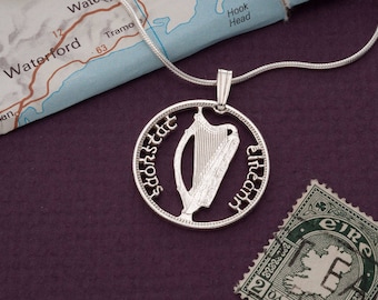 Sterling Silver Irish Harp Coin Pendant: Hand Cut Shilling, Celtic Jewelry