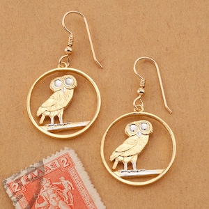 Screech Owl Coin Earrings: 14K Gold & Rhodium Plated, Greek Draxmai