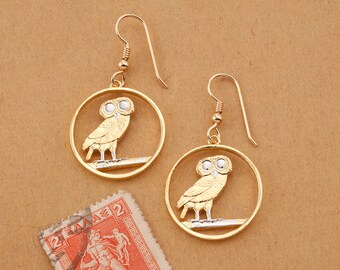 Screech Owl Coin Earrings: 14K Gold & Rhodium Plated, Greek Draxmai