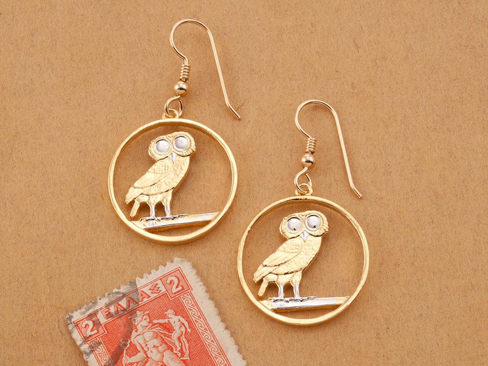 Screech Owl Coin Earrings: 14K Gold & Rhodium Plated, Greek Draxmai