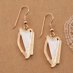 Irish Harp Earrings, Hand Cut Ireland One Half Crown Coins, Irish Jewelry, Irish Earrings, Ireland Gift Ideas, 1&quot; in length  ( # 418BE )