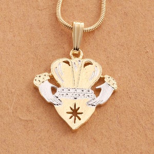 Irish Claddagh Pendant and Necklace, Ireland Claddagh Medallion Hand Cut, 14 Karat Gold and Rhodium Plated, 7/8&quot; in Diameter, ( #K 835C )