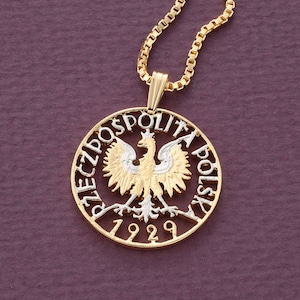 Polish Eagle Coin Pendant: Hand Cut 1927 Zloty, 14K Gold Plated
