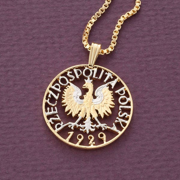 Pendentif et collier d’aigle polonais, Pologne Une pièce de Zloty coupée à la main, plaqué or 14 carats et rhodium, 7/8 « de diamètre, ( #X 257 )