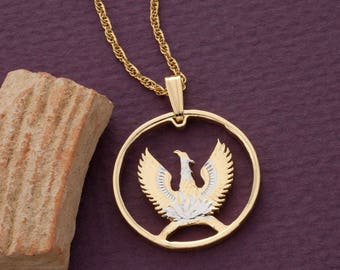 Greek Phoenix Pendant and Necklace, Greek Two Draxmai Coin hand Cut, 14 Karat Gold and Rhodium Plated, 7/8" in Diameter, ( #R 861 )