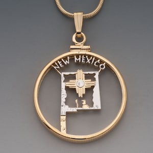 New Mexico State Quarter Pendant. Hand Cut United States New Mexico Quarter, 14 Karat Gold and Rhodium Plated, 1 &quot; in Diameter, ( #K 2047 )