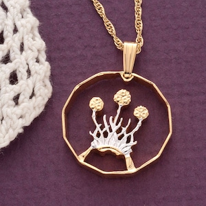 Scottish Thrift Plant Pendant/Necklace,British 3 Pence (Scottish Issue )Coin Hand cut,14 K and Rhodium plated, 3/4&quot; in Diameter, ( #R 136 )